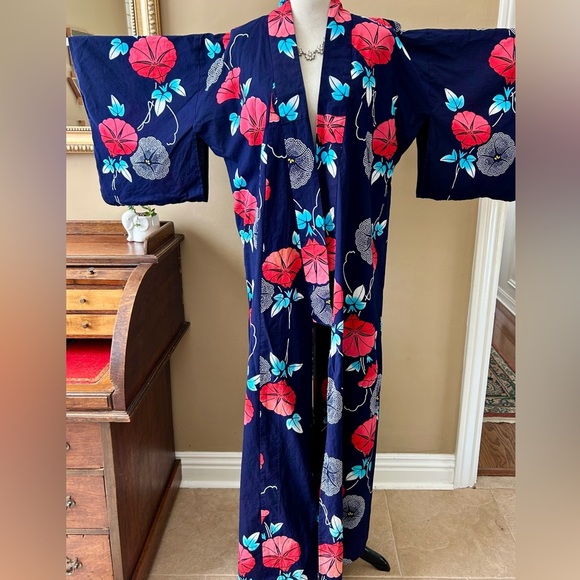 Japanese Floral Kimono Yukata Cotton Long Robe Navy Blue Red Morning Glory - Picture 10 of 11